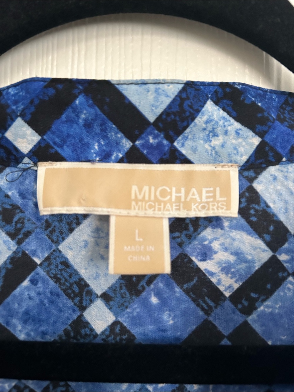 Michael Kors Blue Geometric Print Long-Sleeve Blouse | Size Large - Picture 2 of 4